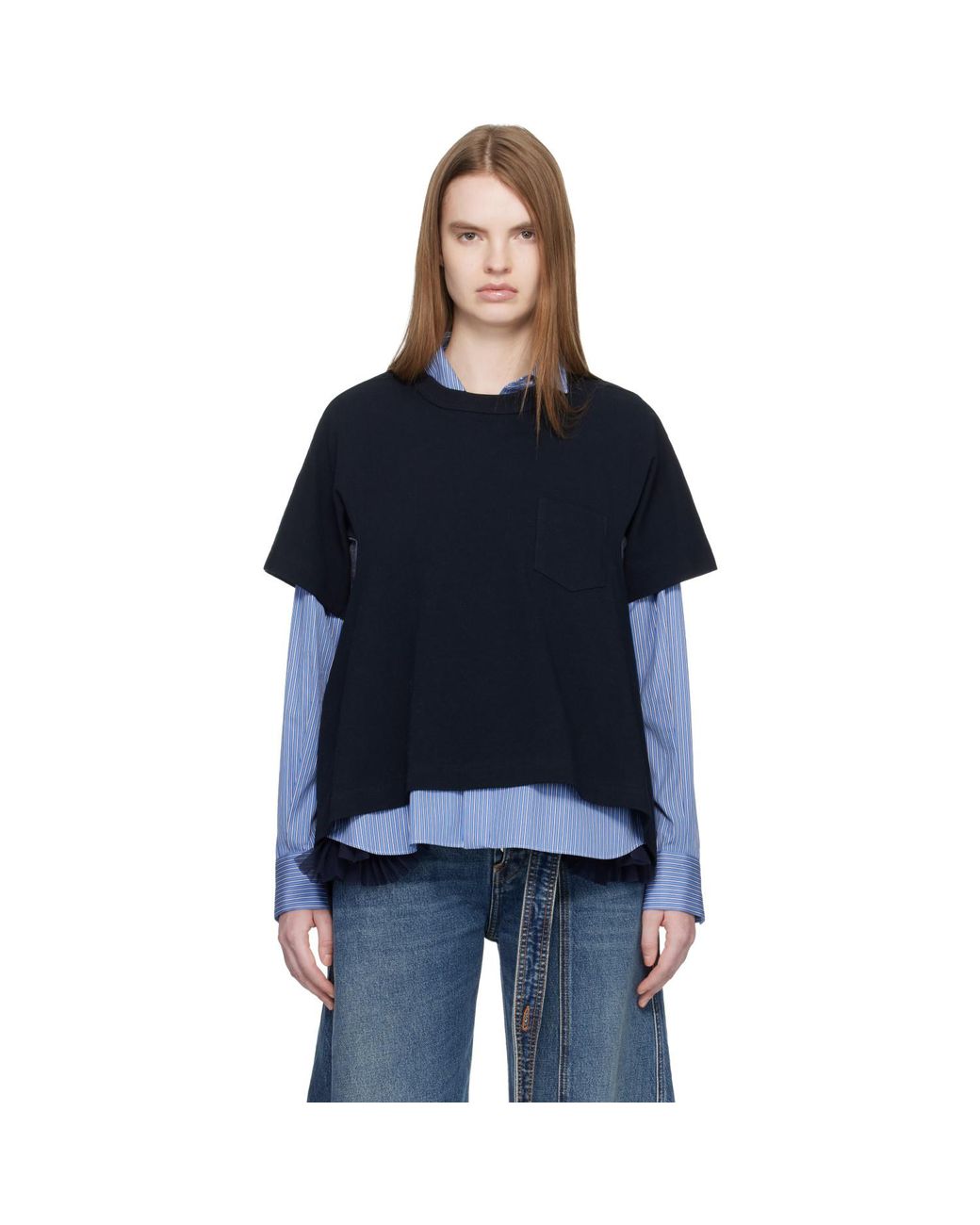 Sacai Black Light Weight Denim & Cotton Jersey T-Shirt