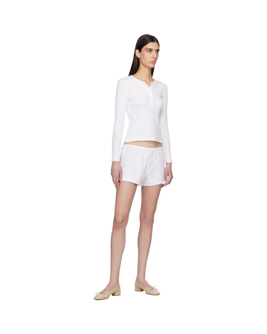 Leset White Pointelle Long Sleeve Henley