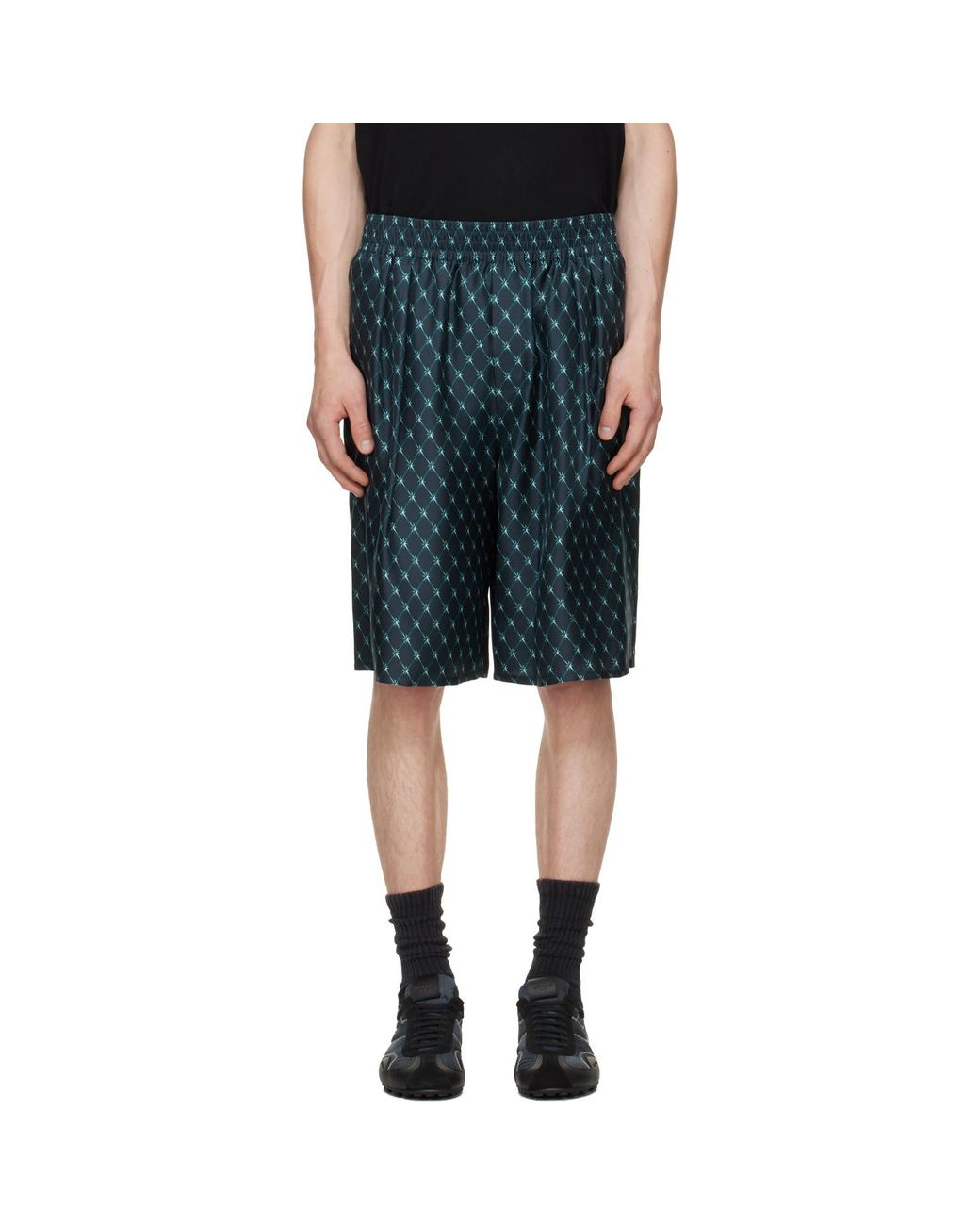 Balmain Black Grid Print Silk Loose Pyjama Shorts for men
