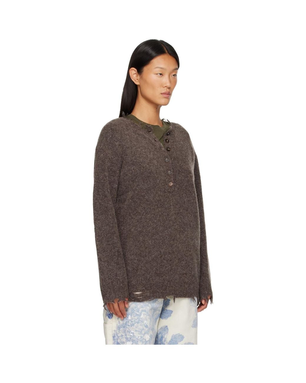R13 Brown Relaxed Henley