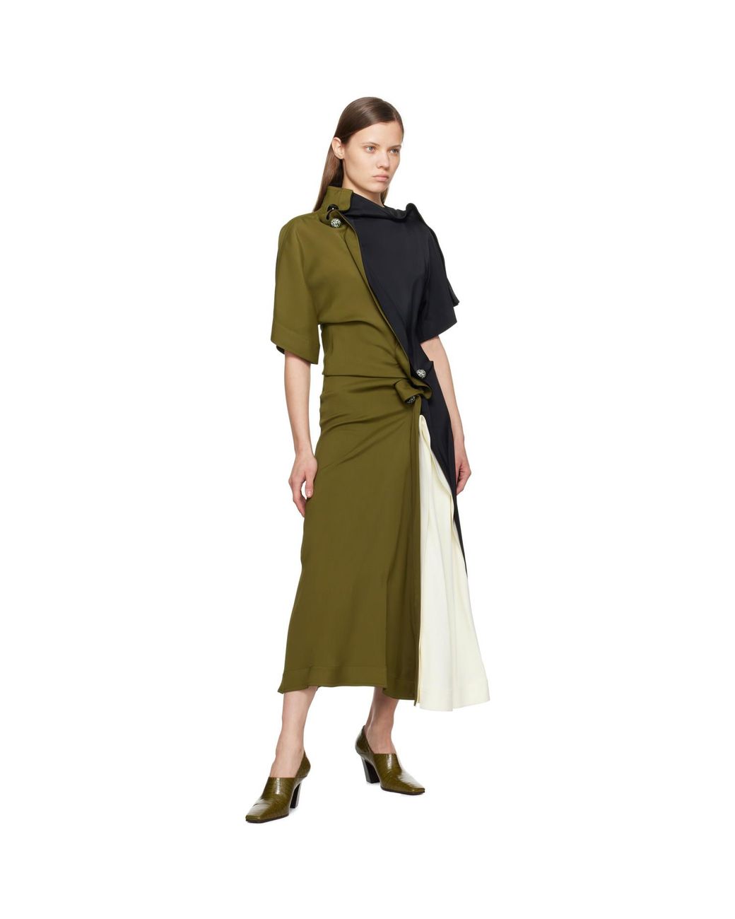 Bottega Veneta Black Khaki Fluid Viscose Piercing Maxi Dress