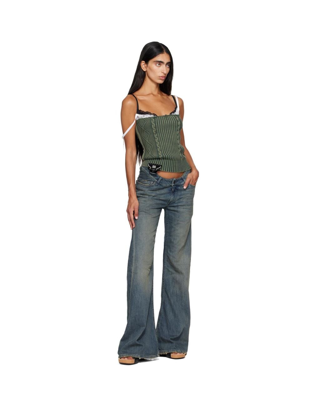 Balenciaga Green Patched Cotton Hybrid Cable Knit Tank Top
