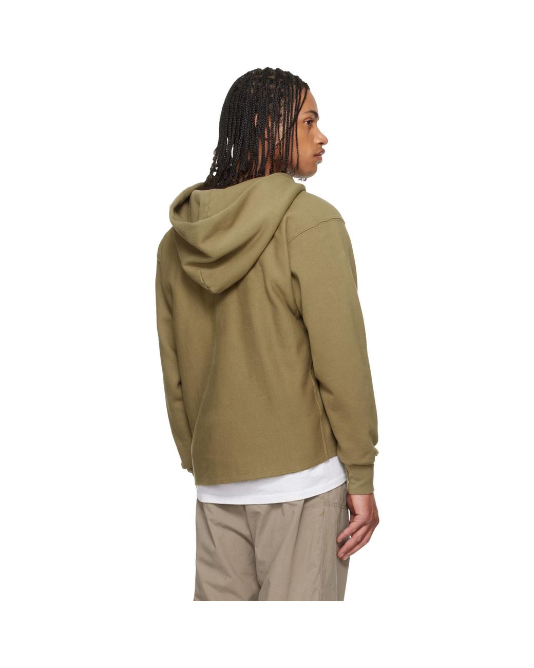 Les Tien Green Khaki Heavyweight Raw Cropped Hoodie for men