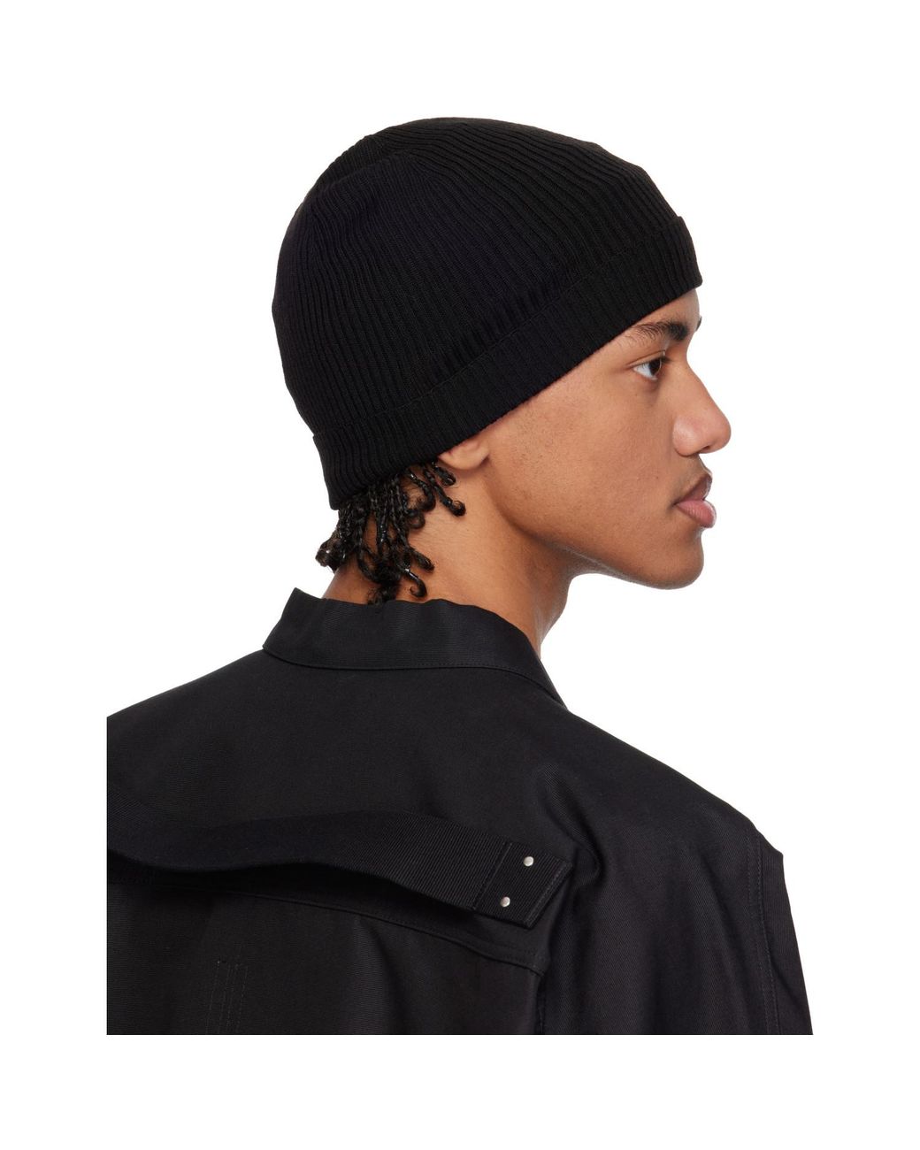 Rick Owens Black Temple Ribbed Beanie for men