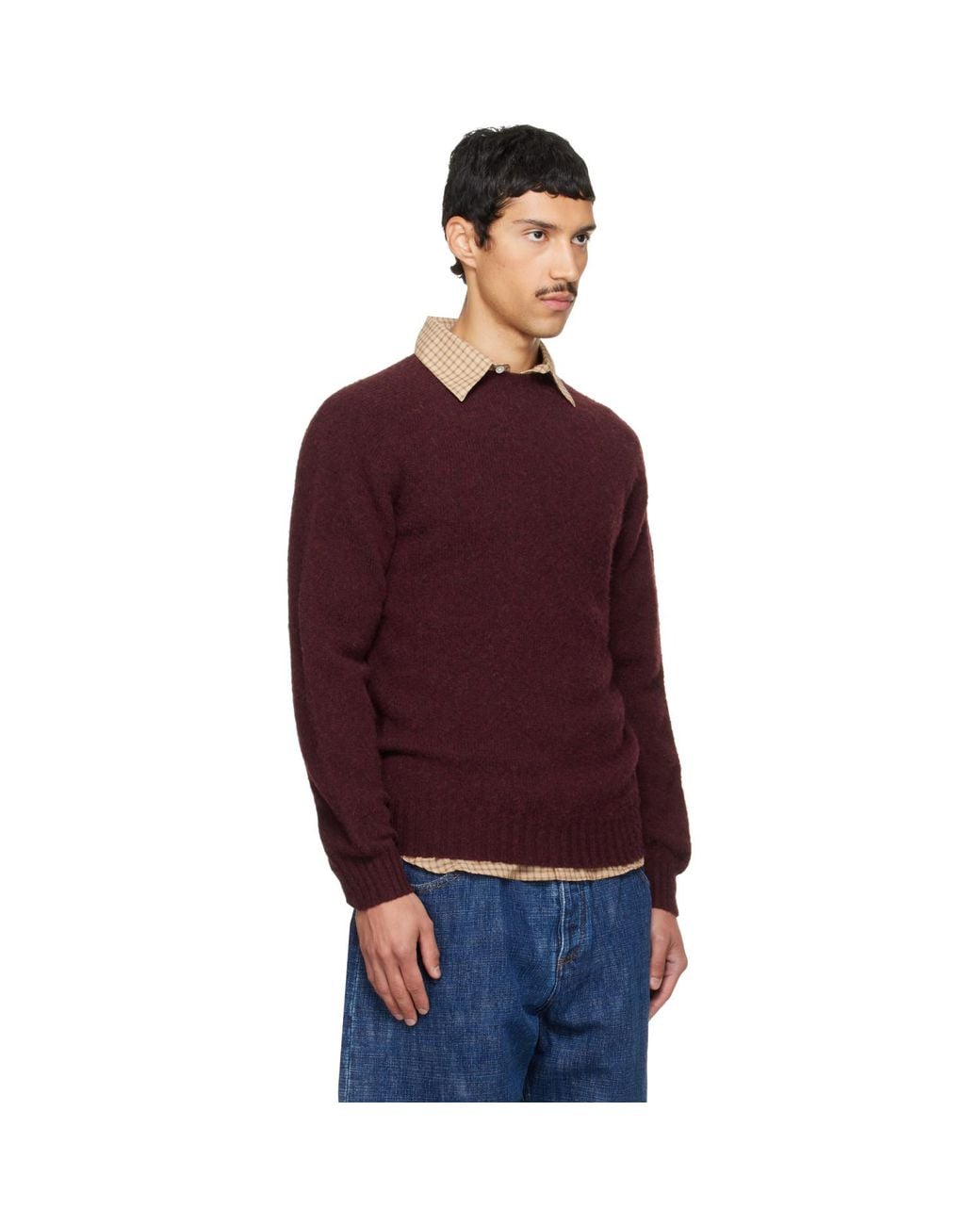 Drake's Red Burgundy Brushed Shetland Crew Neck Sweater for men