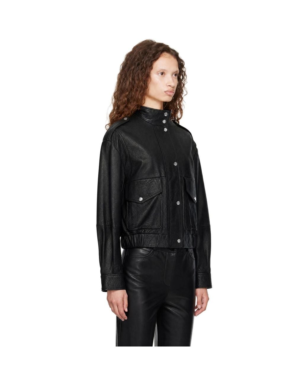 Boss Black Stand Collar Grained Leather Jacket