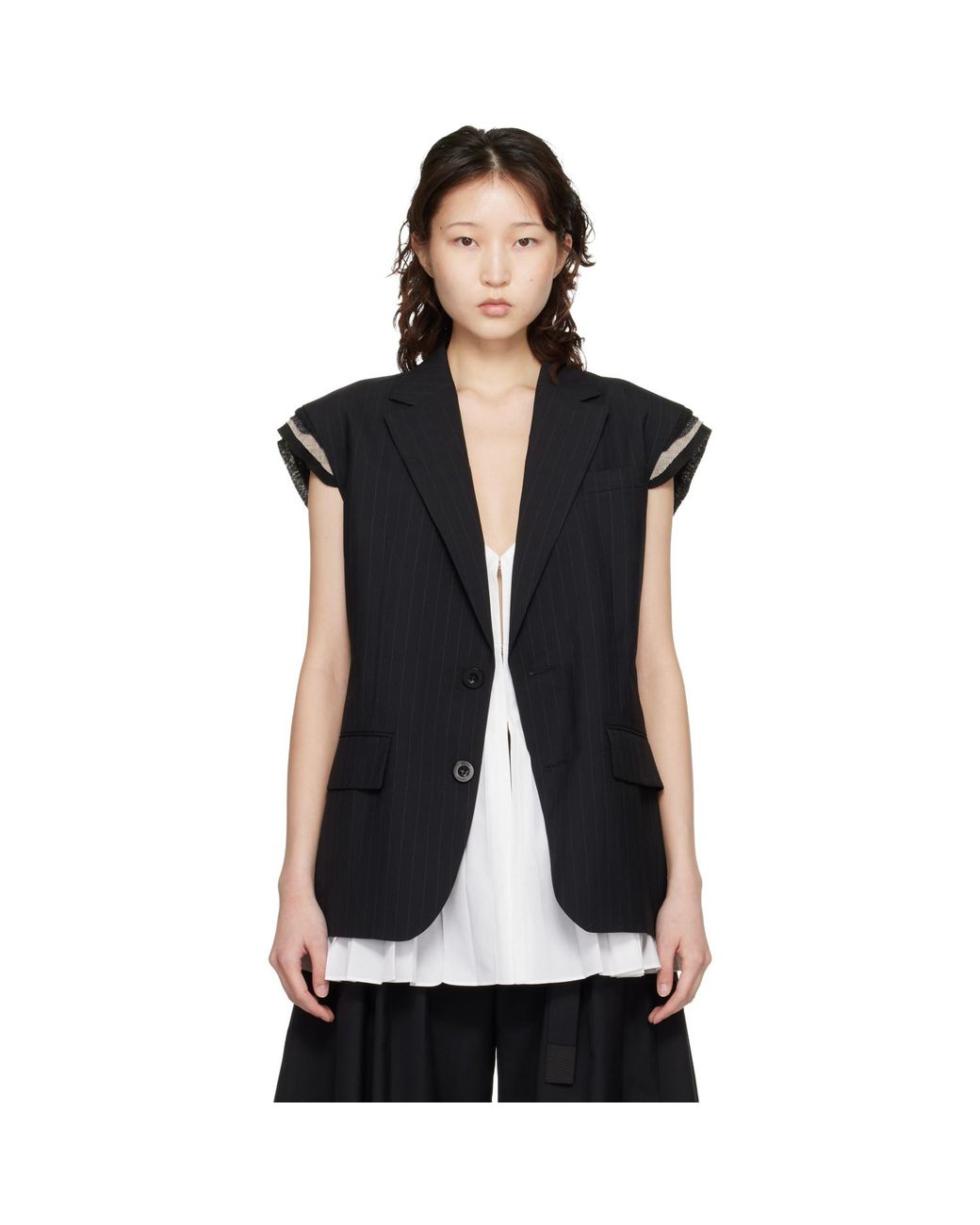 Sacai Black Chalk Stripe Vest