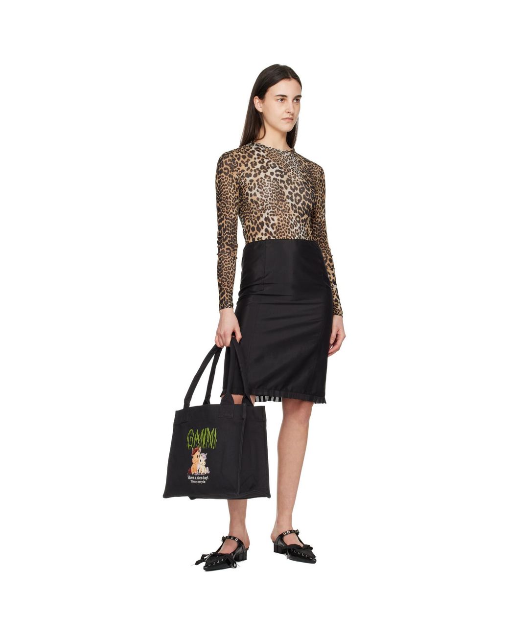 Ganni Black Pony Printed Large Tote