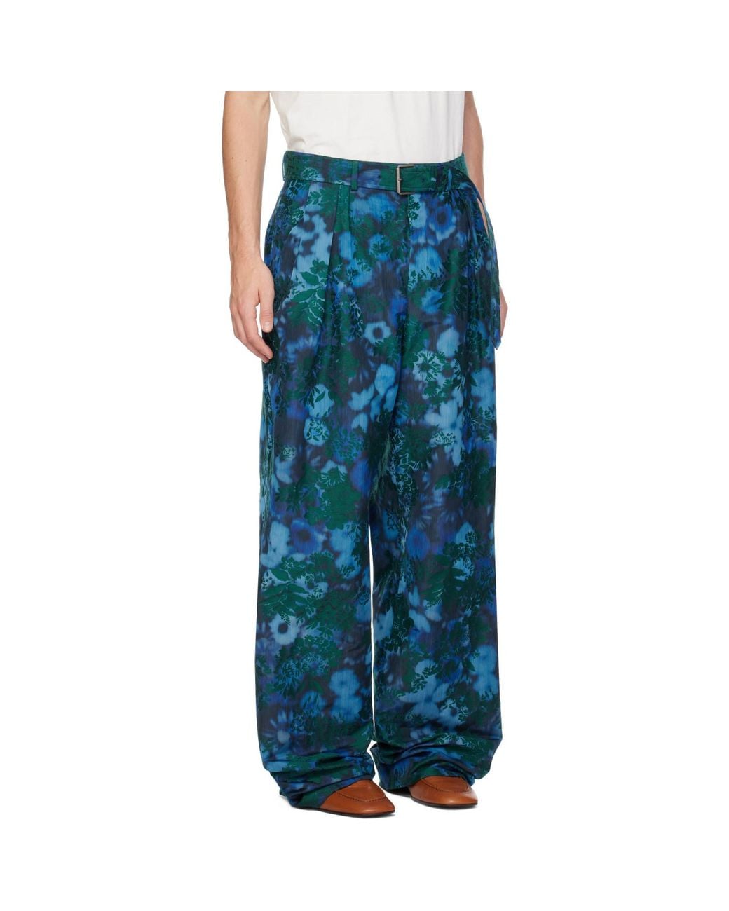 Dries Van Noten Blue Belted Jacquard Trousers for men