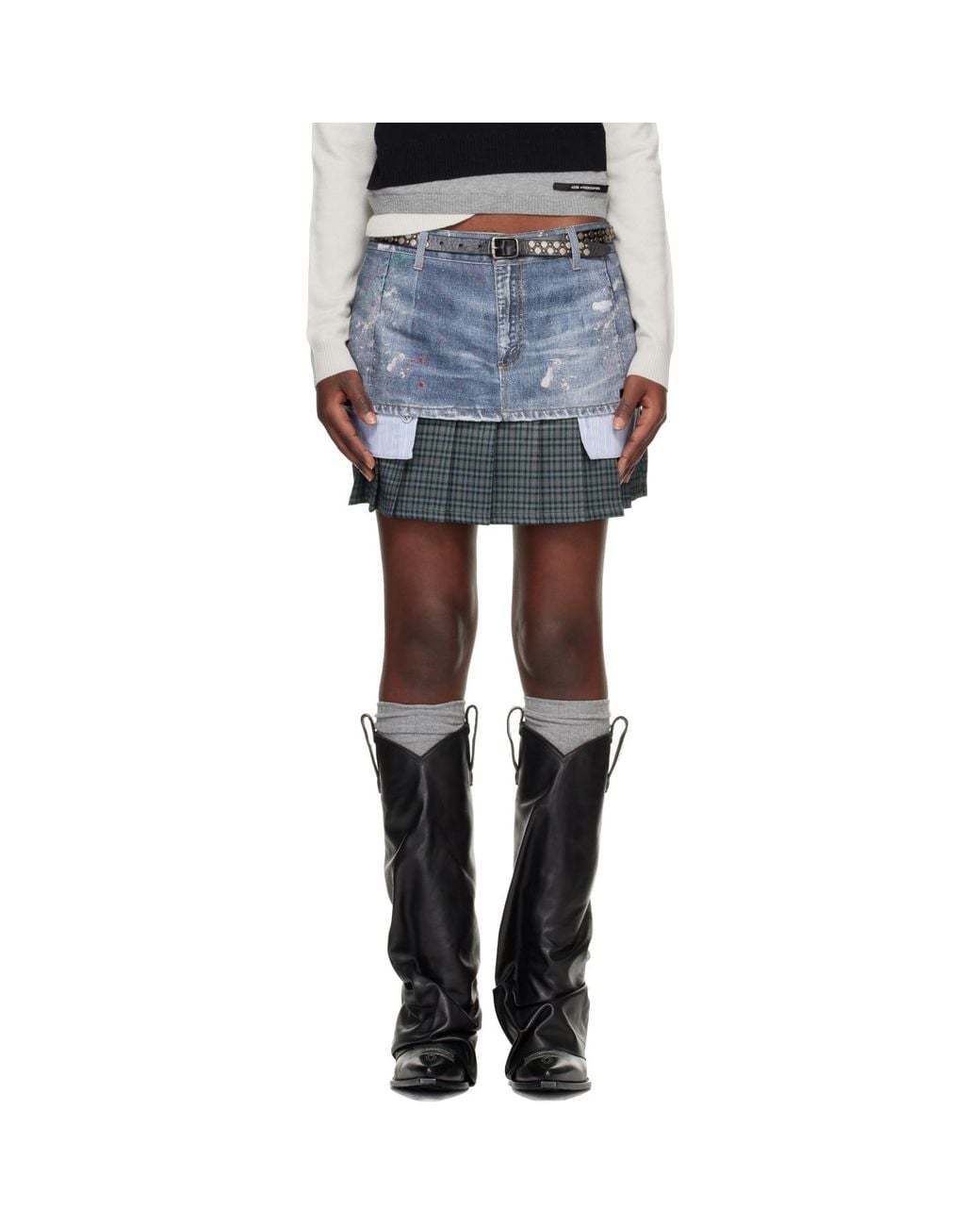 ANDERSSON BELL Blue Painted Layered Pleats Denim Miniskirt