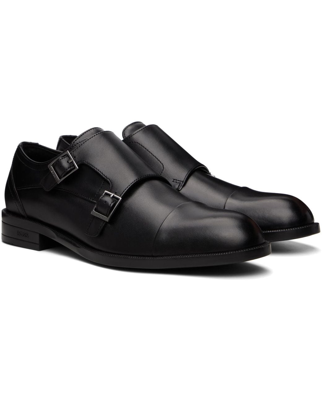 Boss Black Leather Double Strap Monkstraps for men