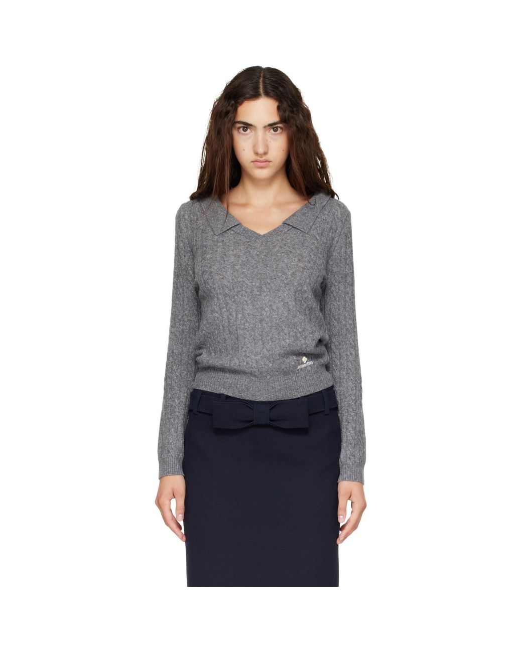 ShuShu/Tong Gray V-Neck Cable Knit Sweater