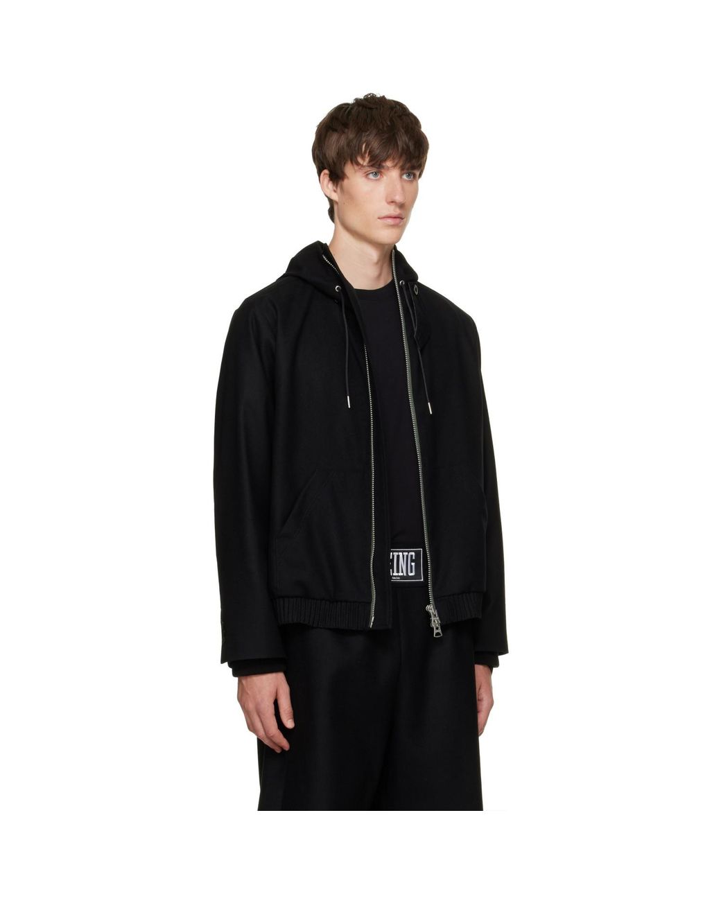 Sacai Black Wool Flannel Hoodie for men