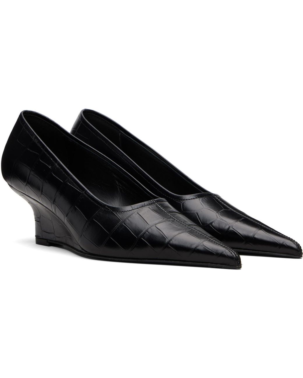 Totême Black Sharp Croco-Embossed Wedge Heels