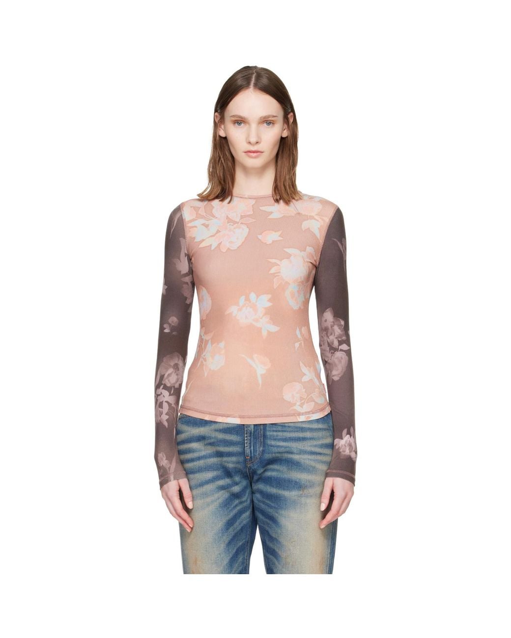 DIESEL Blue Floral-Print Ribbed Jersey T-Shirt