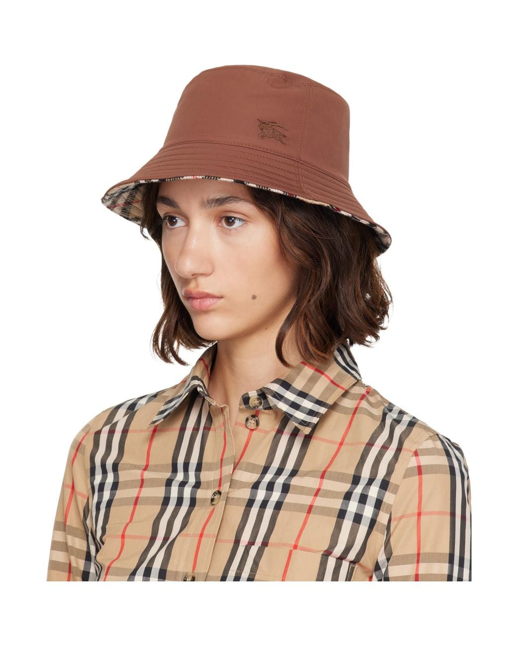 Burberry Brown Wool Check Reversible Bucket Hat