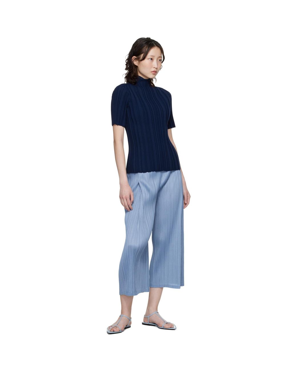 Pleats Please Issey Miyake Blue Rib Knit Turtleneck