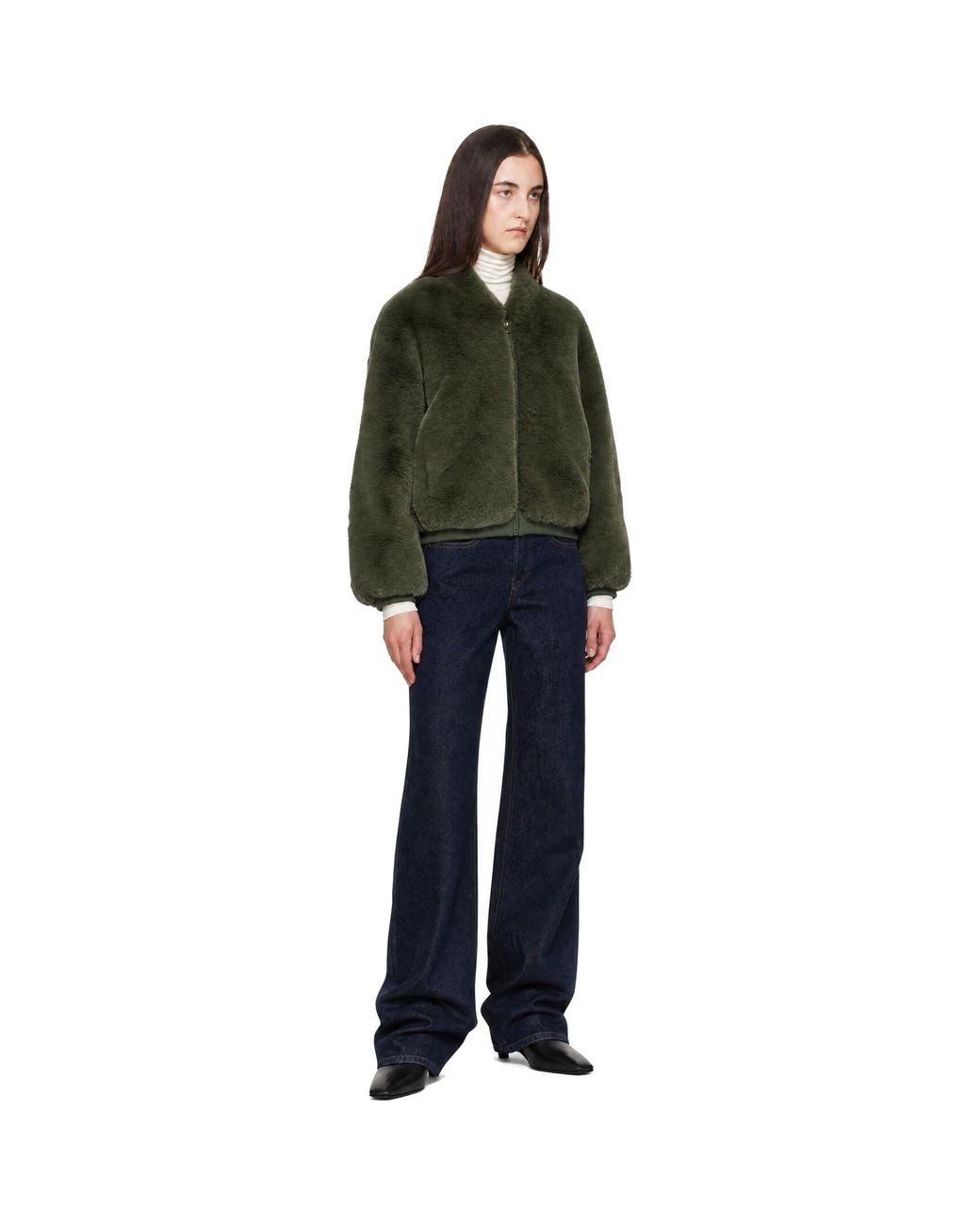 Frankie Shop Green Senna Collarless Faux-Fur Jacket