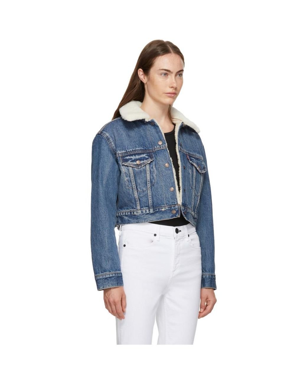 Levi's Blue Denim Cropped Sherpa Jacket | Lyst