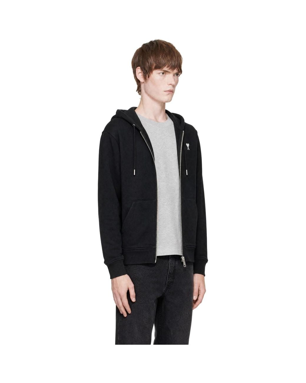AMI Black Cotton Ami De Coeur Zipped Hoodie for men