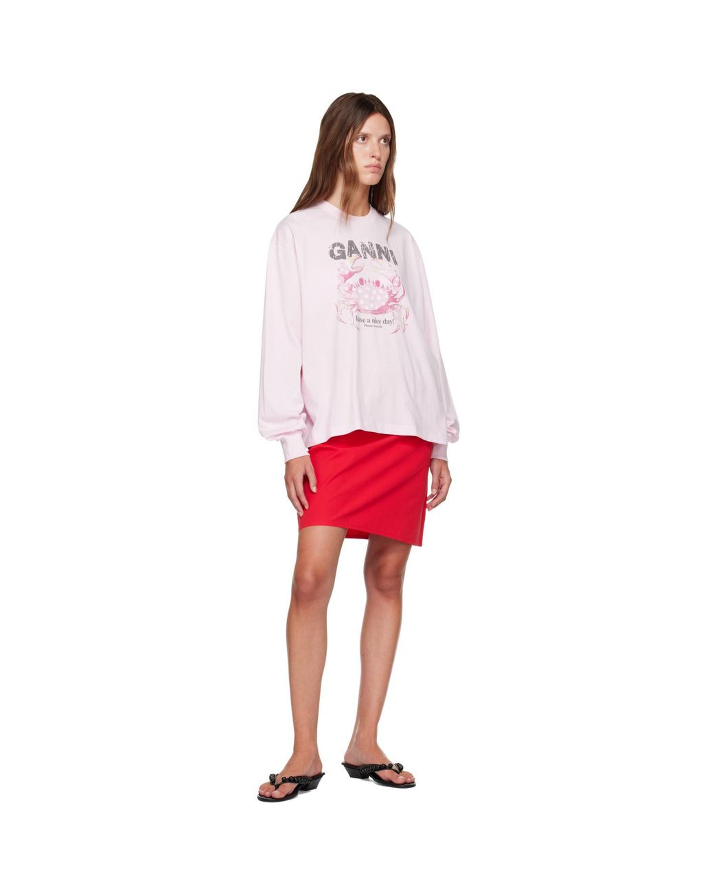 Ganni Red Basic Cotton Jersey Longsleeve Crab T-Shirt