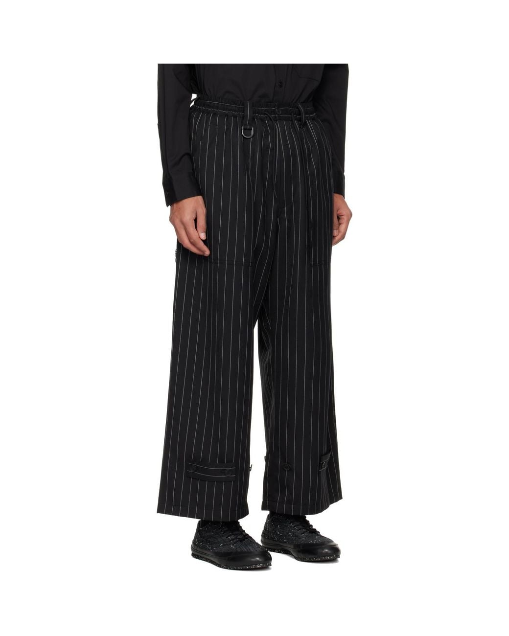 Y-3 Black Pinstripe Refined Wool Wide Leg Trousers for men