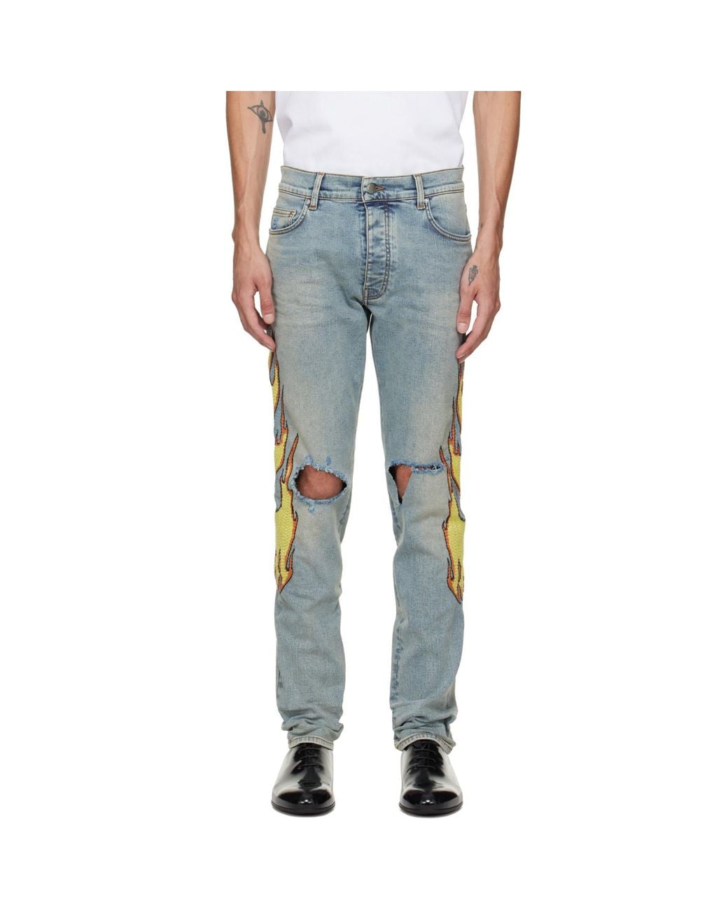 Amiri Blue Flames Emb Skinny Jeans for men