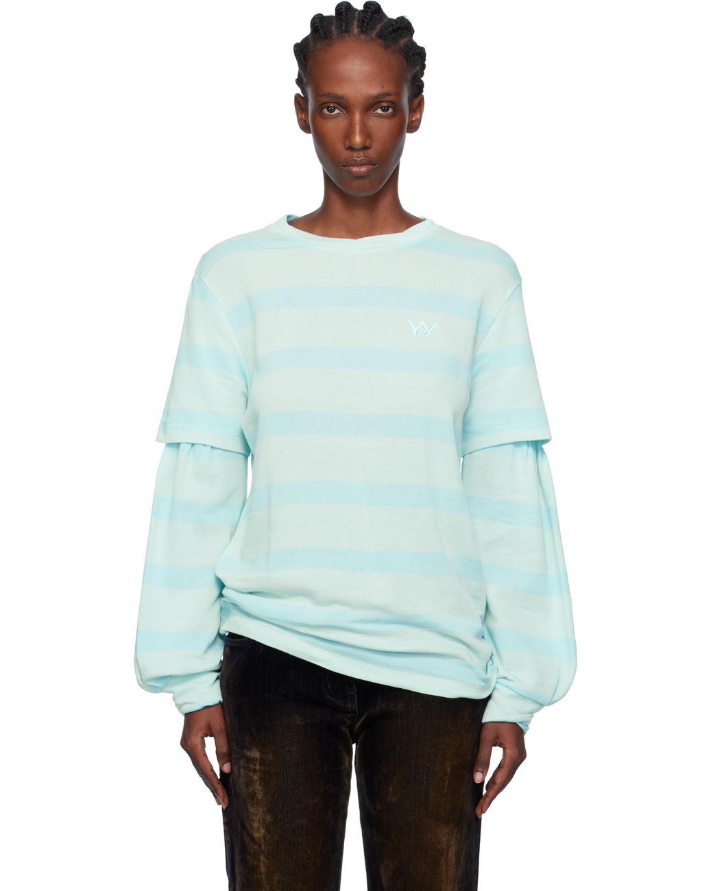 トップス OPEN YY Knitted LAYERED STRIPE TSHIRT open-yy-Mint-Layered-Stripe-T-