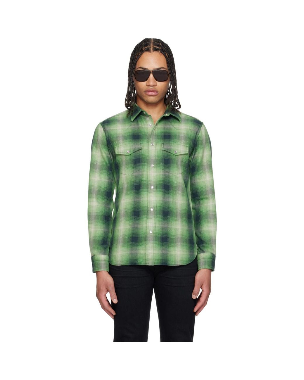 Tom Ford Green Grand Degrade Check Western Shirt for men