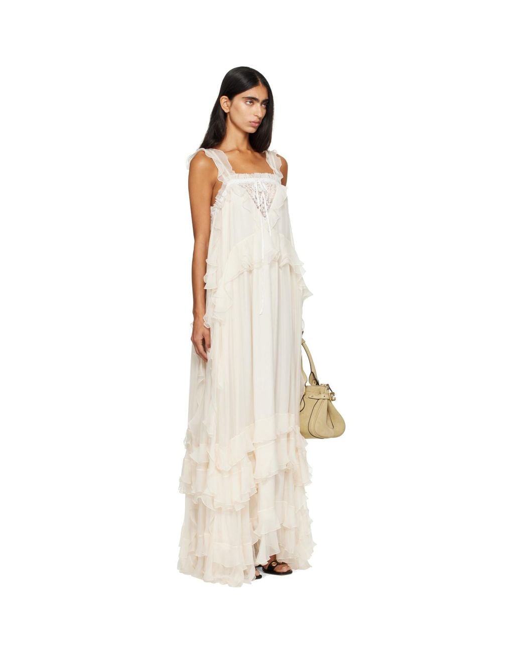 Chloé White Off- Silk Mousseline & Lace Sleeveless Layered Maxi Dress