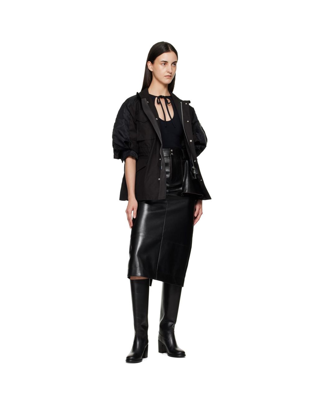 Sacai Black Leather Midi Skirt