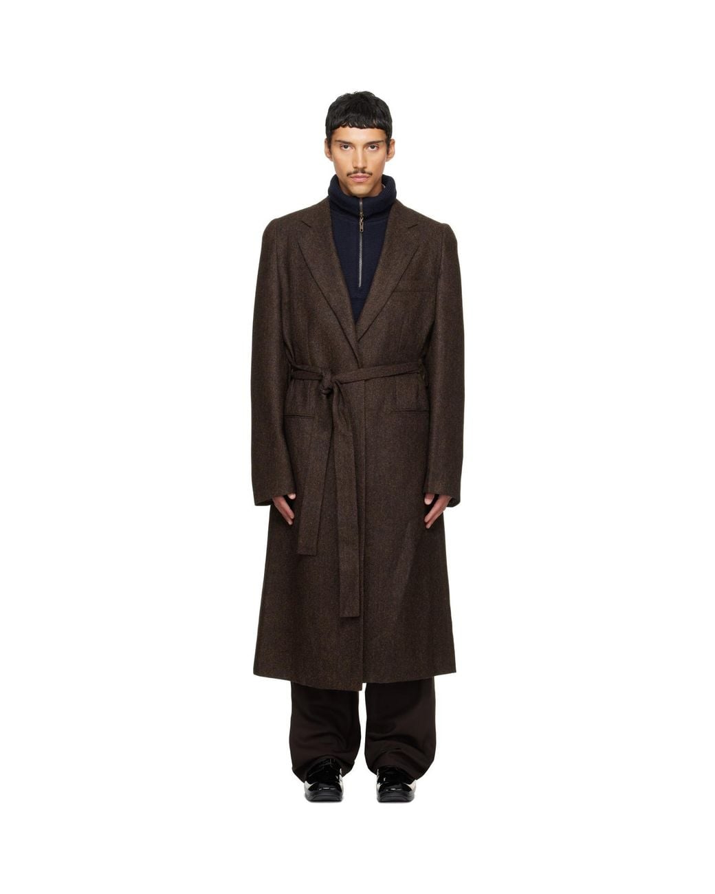 Maison Margiela Black Belted Herringbone Wool Coat for men