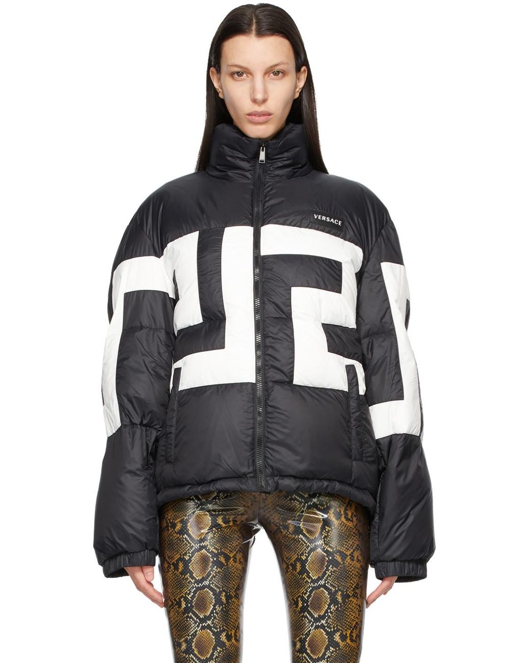 Versace Synthetic Black Down Hooded Greca Puffer Jacket | Lyst