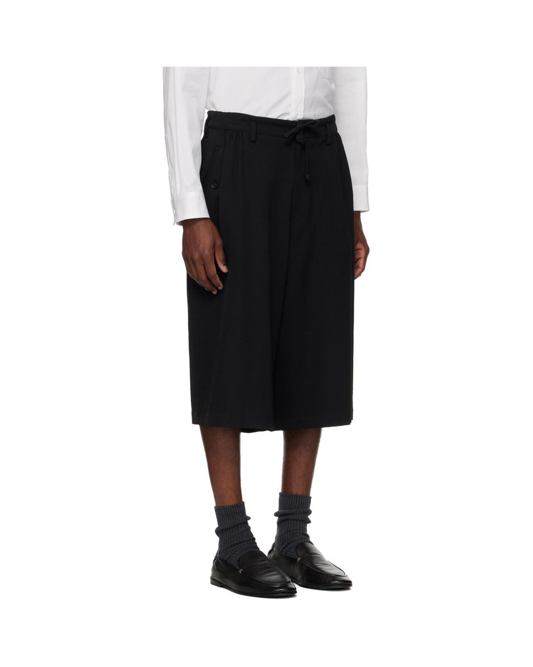 Yohji Yamamoto Black Wool Gabardine Gather Shorts for men