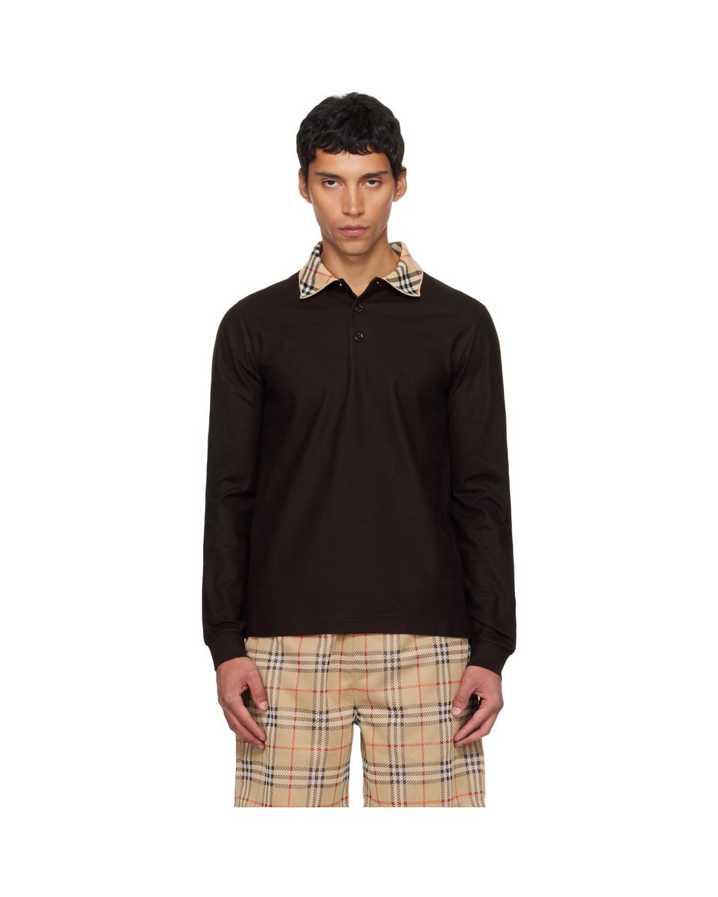Burberry Black Long Sleeve Check Collar Cotton Polo for men