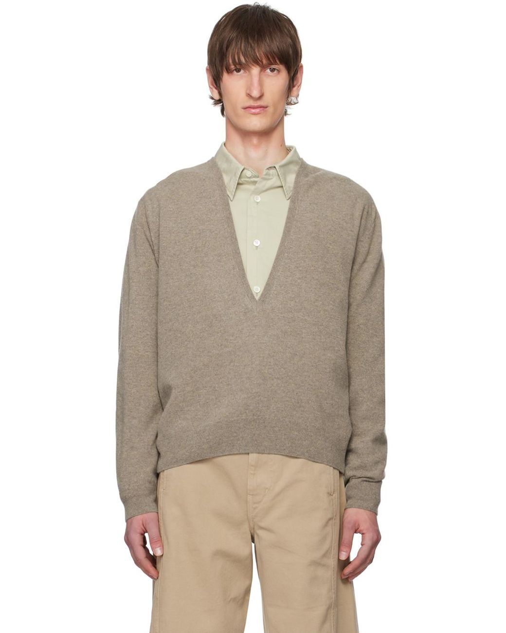 Lemaire Beige Deep V neck Sweater for Men Lyst