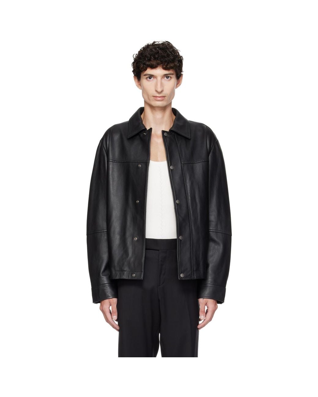 Boss Black Regular-Fit Metal Logo Buttons Leather Jacket for men