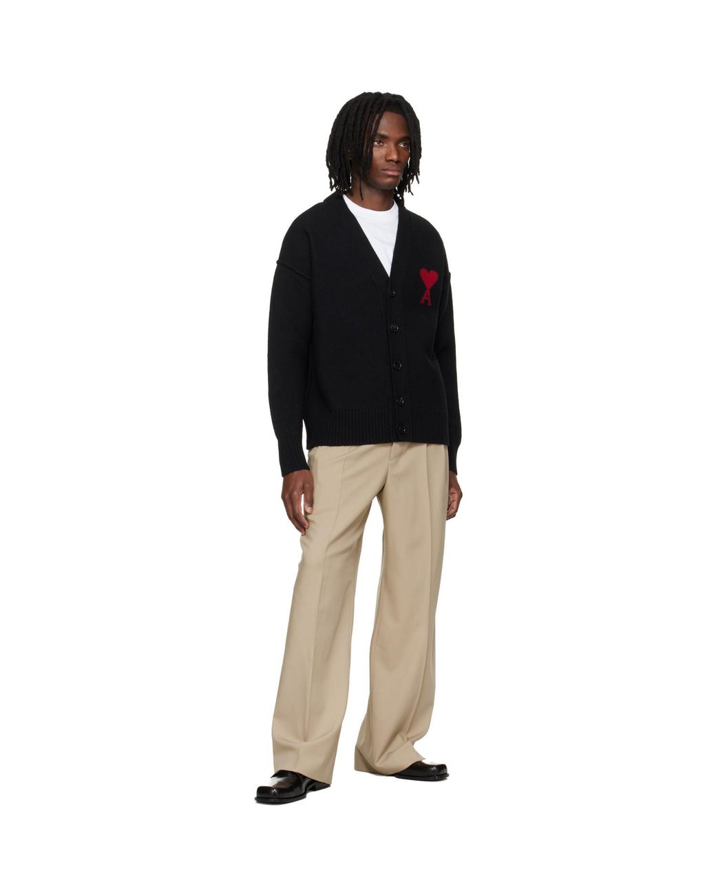 AMI Black Wool Contrasted Ami De Coeur Cardigan for men