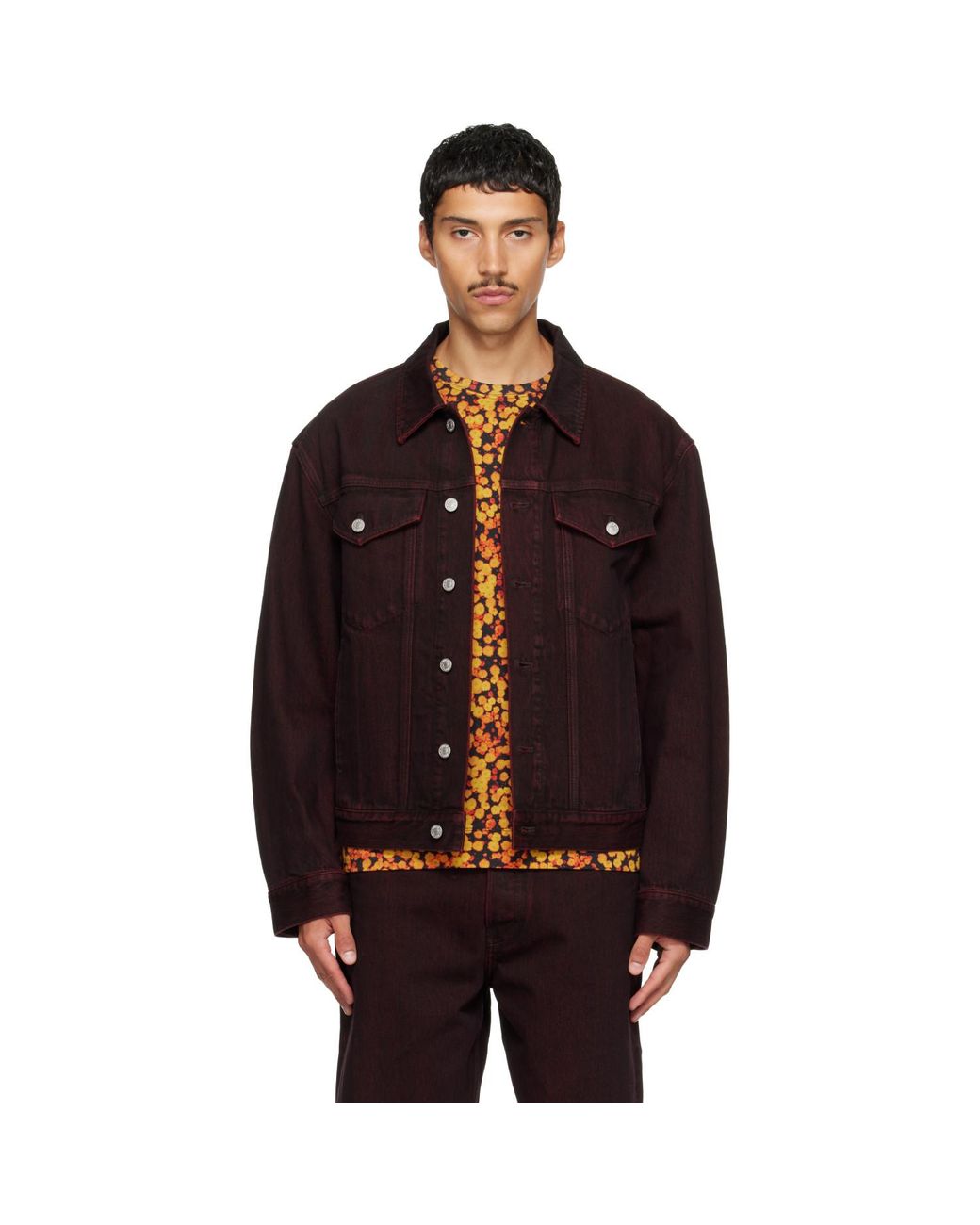 Dries Van Noten Brown Burgundy Faded Denim Jacket for men
