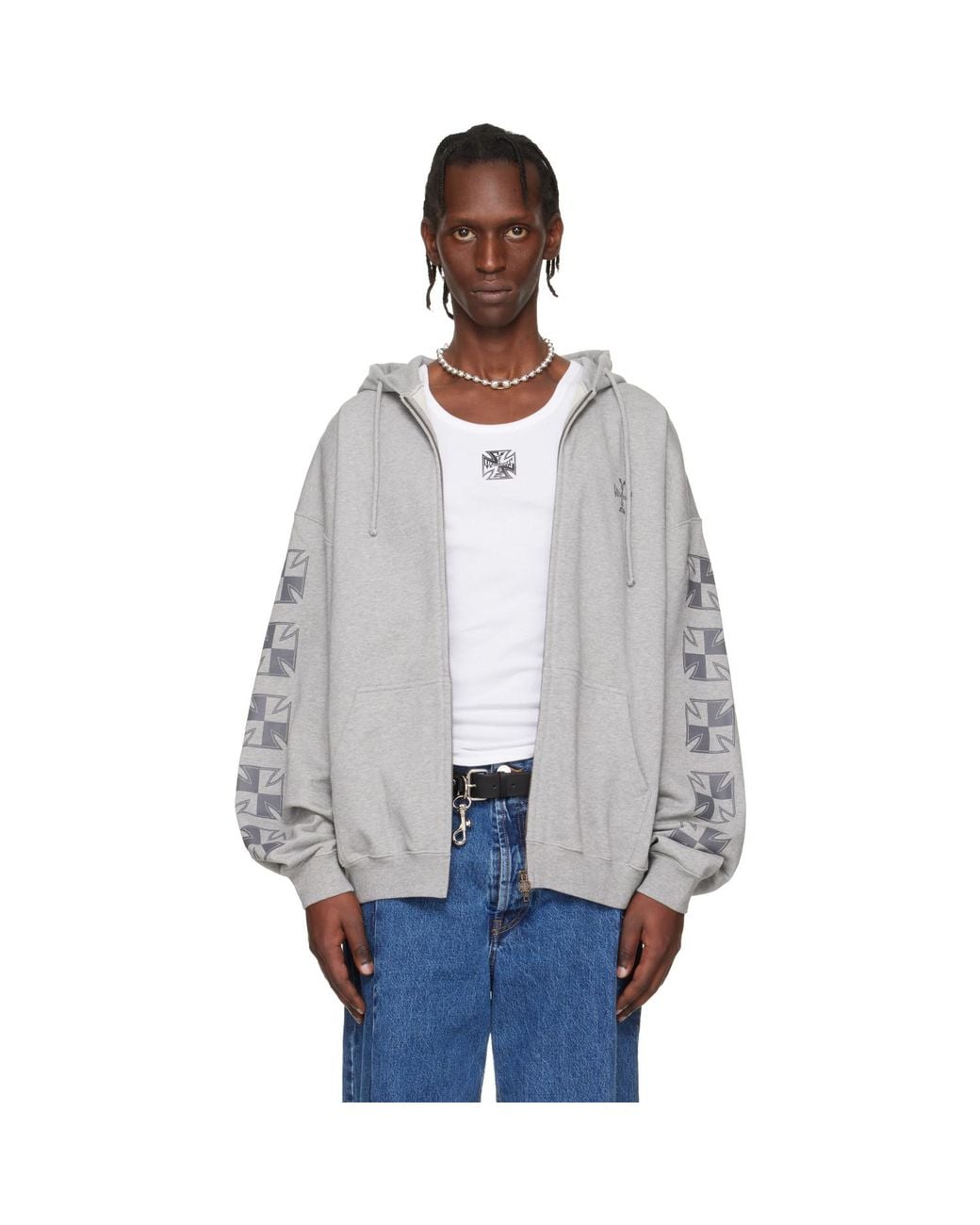Vetements Gray Biker Cross Sleeves Zip-Up Hoodie for men