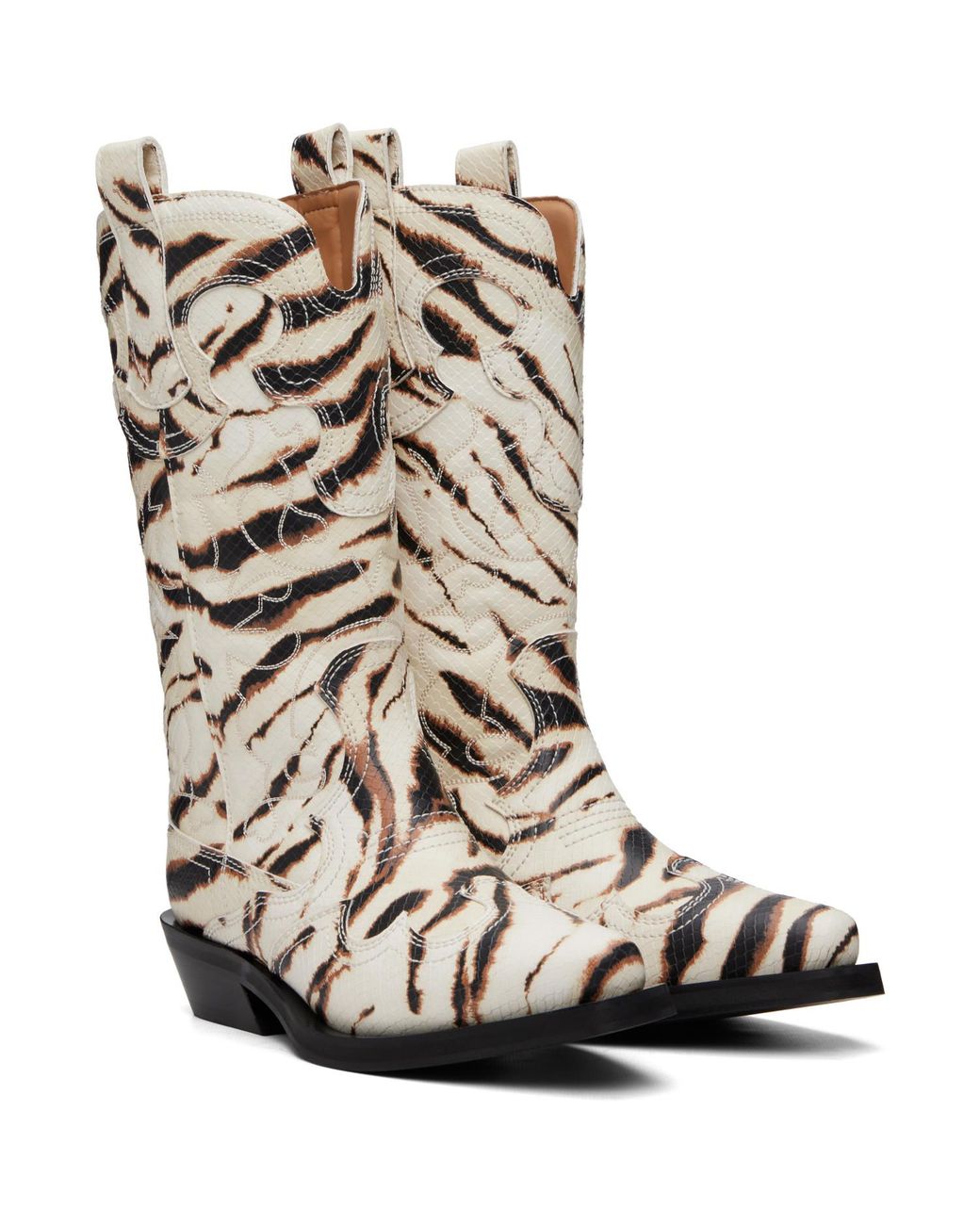 Ganni Brown Off- Mid Shaft Embroidered Western Boots