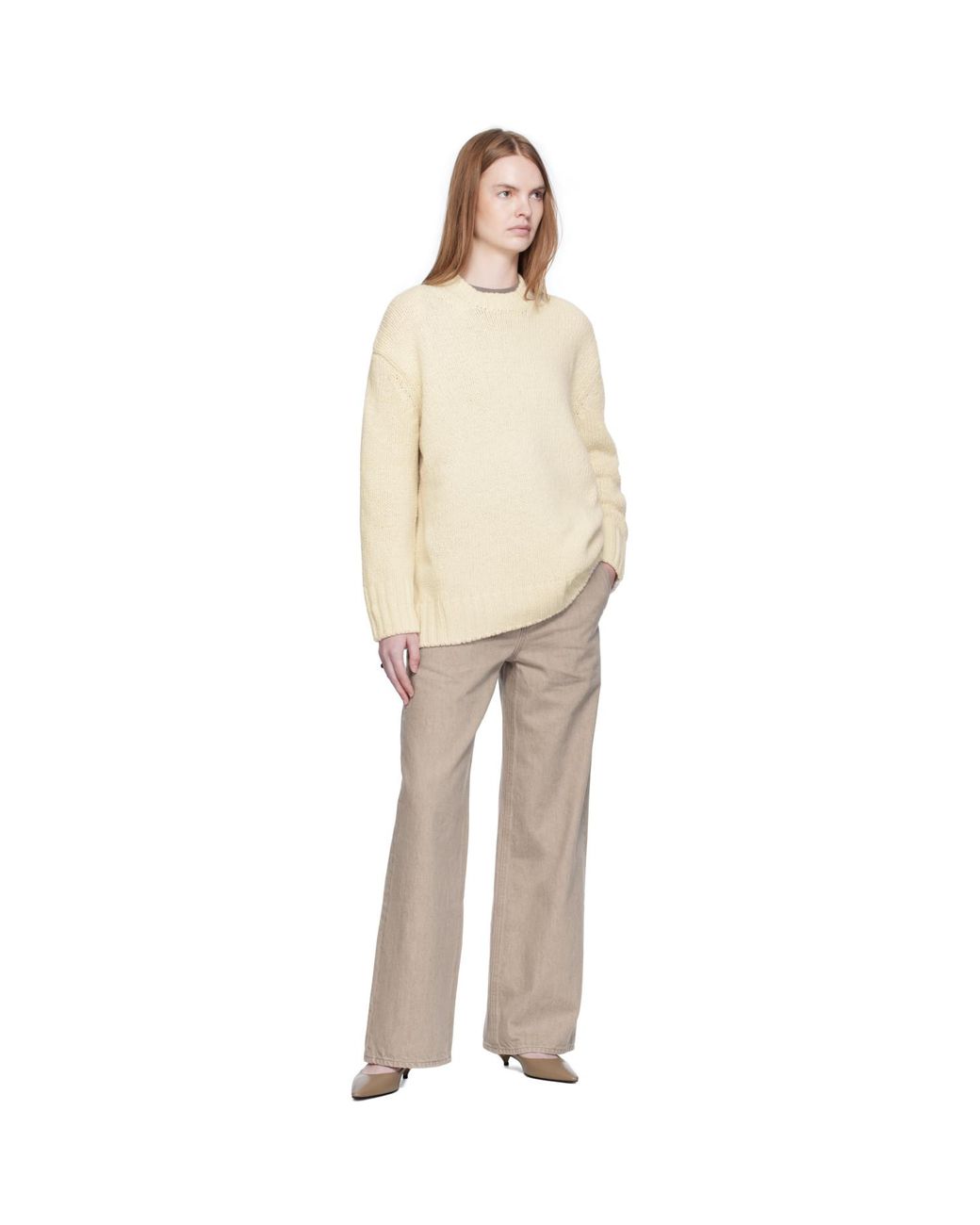 ARCH THE Natural Off- Basic Round Neck Knit Sweater