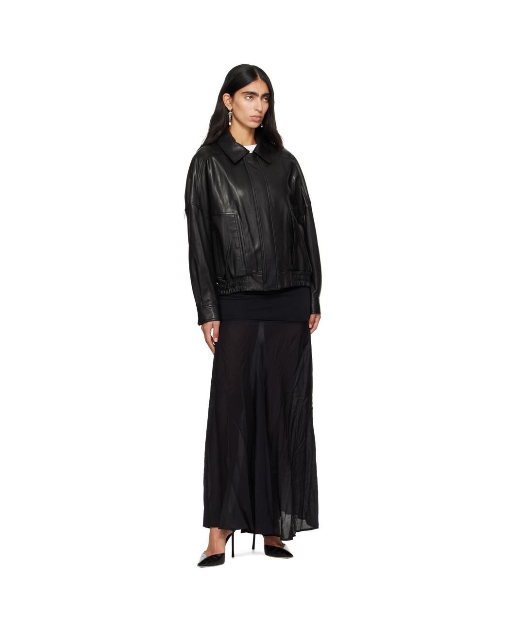 Nour Hammour Black Dalma Leather Bomber Jacket