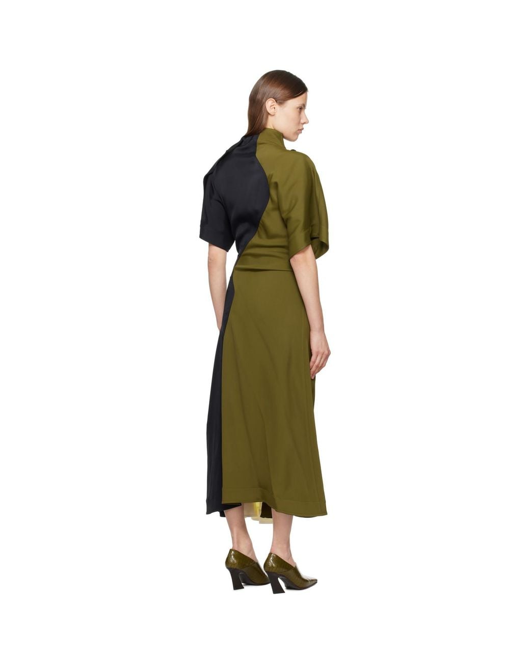 Bottega Veneta Black Khaki Fluid Viscose Piercing Maxi Dress