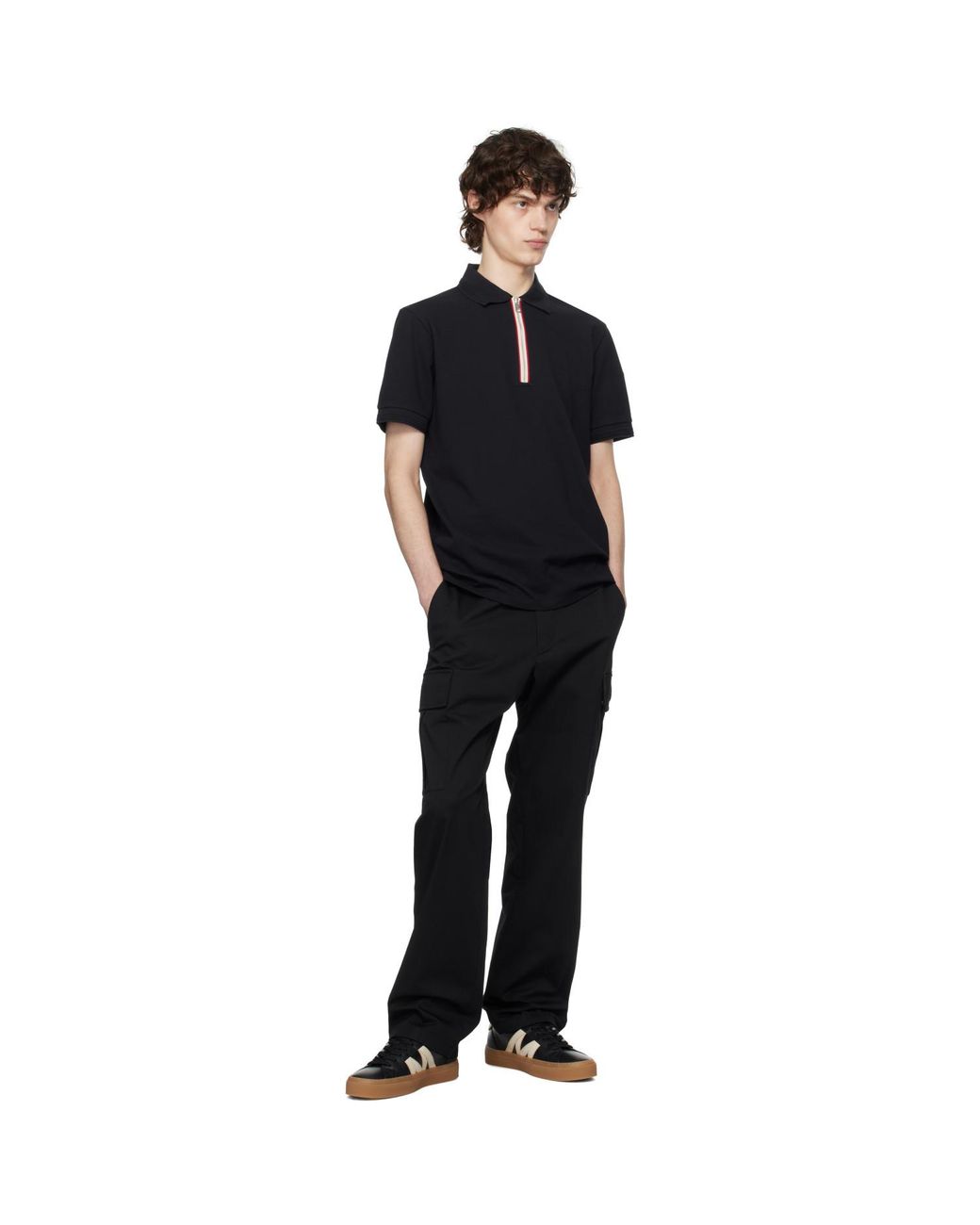 Moncler Black Tricolour Trim Cotton Piquet Polo for men