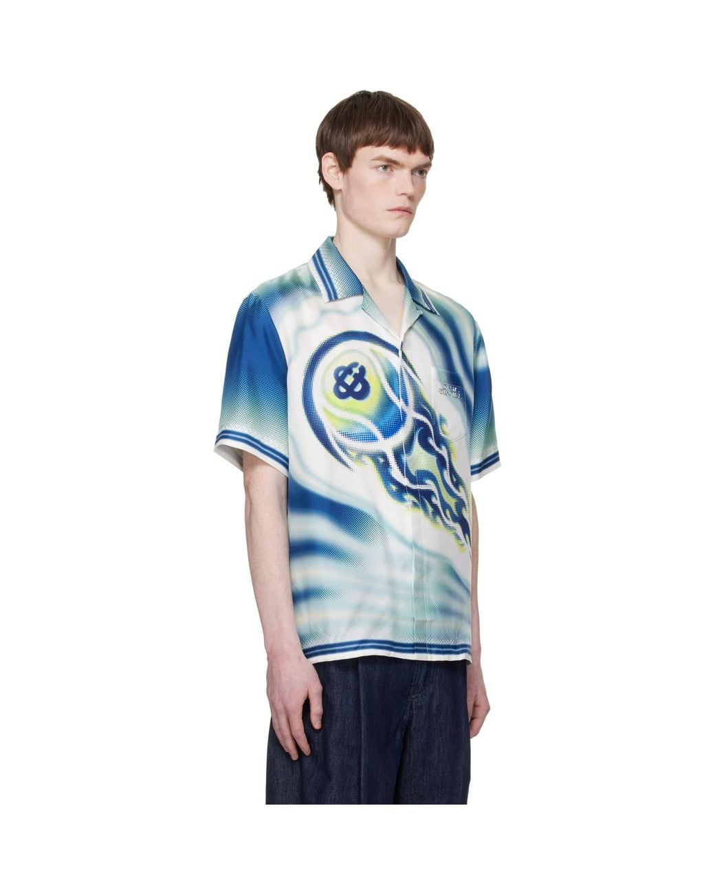 Casablanca Blue 'The Art Of The Serve' Short Sleeve Silk Shirt for men