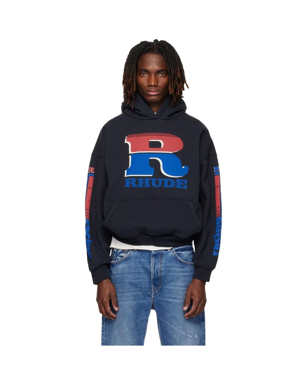 Rhude Blue Split Petrol Logo Hoodie for men