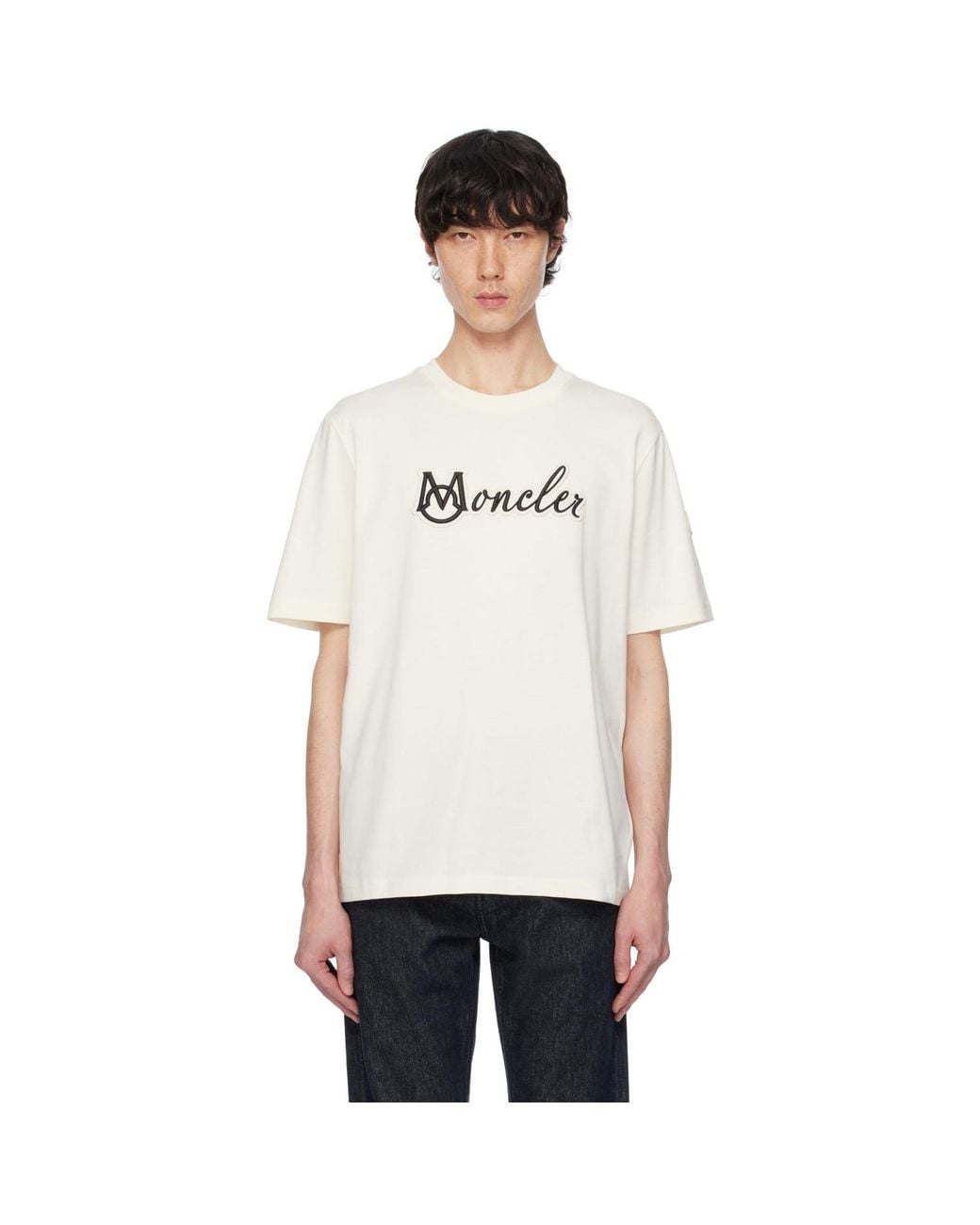Moncler White Off- Embroidered Varsity Logo Cotton T-Shirt for men