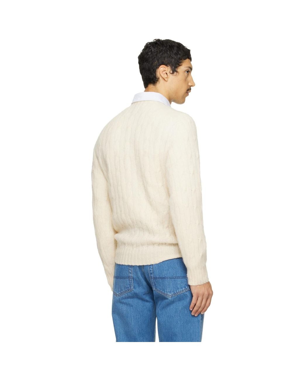 Drake's White Off- Brushed Shetland Cable Knit Sweater for men