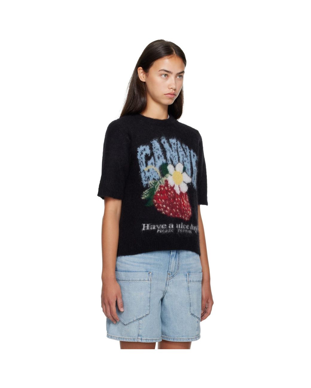 Ganni Black Fine Brushed Alpaca T-Shirt